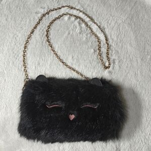 Small Black Furry Kitty‎ Cat Girls Womens Crossbody Purse Handbag Gold Chain USB